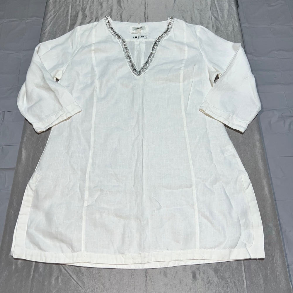 Malvin Hamburg White 100% Linen Embellished V-Neck Tunic Top XL USA 12